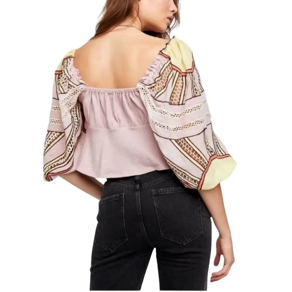 Free People Sunrise Sunset Crochet Cotton Crop, Y2K, Lavender Boho Festival  L